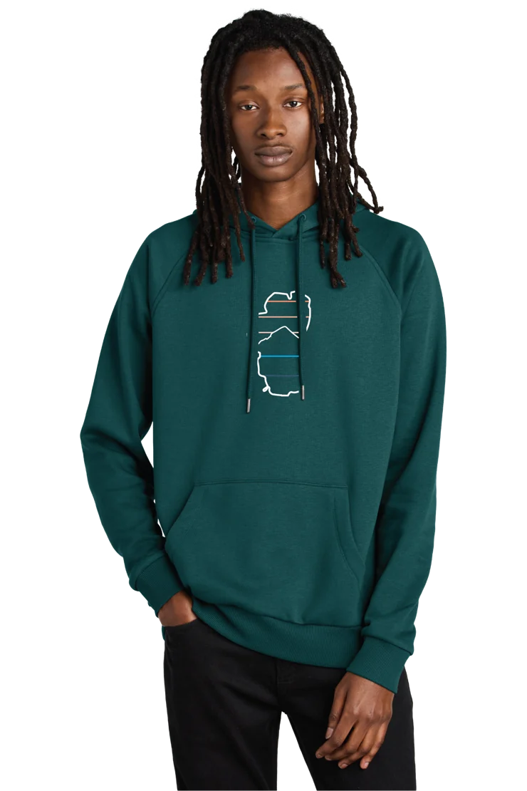 Sea green pullover hoodie on a model